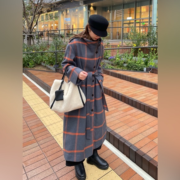 Moussy Stand Collar Long Plaid Wool Blend Coat | Grey & Burnt Orange | Small - Picture 2 of 7
